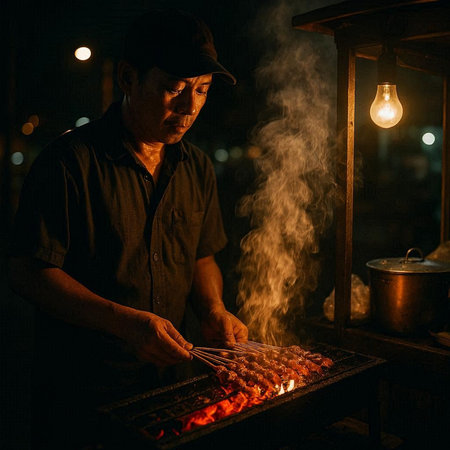 Asian man cooking kebab on the grill at night in the cityの写真素材