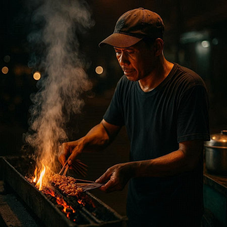 A man in a cap roasting meat on a barbecue grill.の写真素材