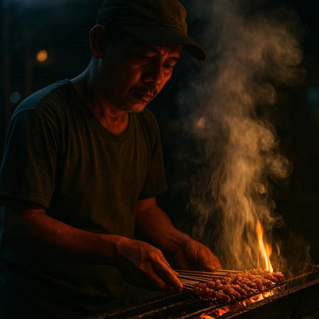 Man cooking barbecue at night. Grilled meat on a spit.の写真素材