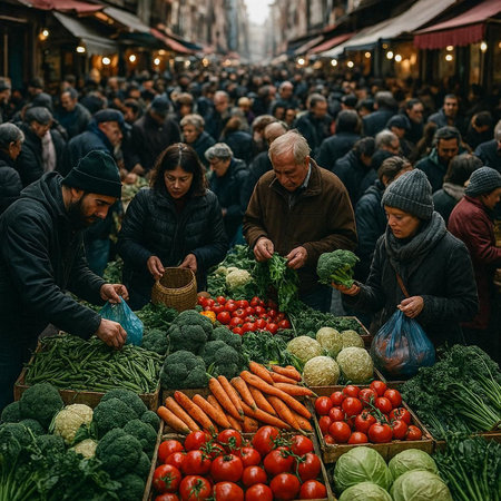 People buying vegetables at the street marketの写真素材