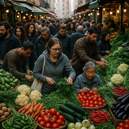 Unidentified people buying fresh vegetables at the street marketの写真素材