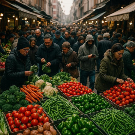Unidentified people buying fresh vegetables at the market.