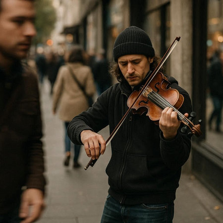 Young man playing violin in the street. Street musician playing violin.の写真素材