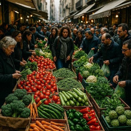 People buying fresh vegetables at the street market in Barcelona, Spainの写真素材