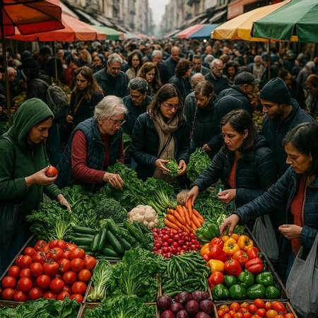 People buying vegetables at the street marketの写真素材
