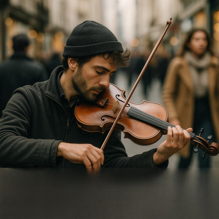 Young man playing the violin on the street in Paris, France.の写真素材
