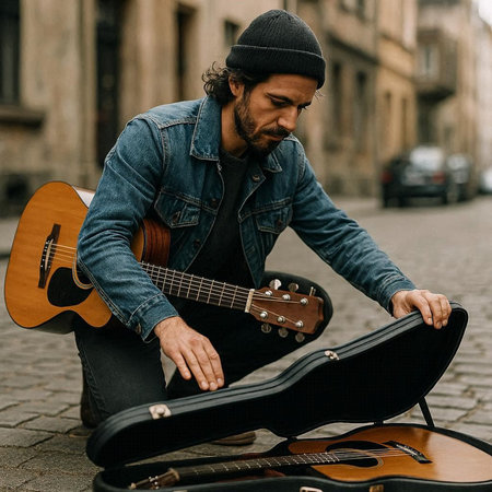 Street musician playing acoustic guitar on the street. Street musician playing guitar.
