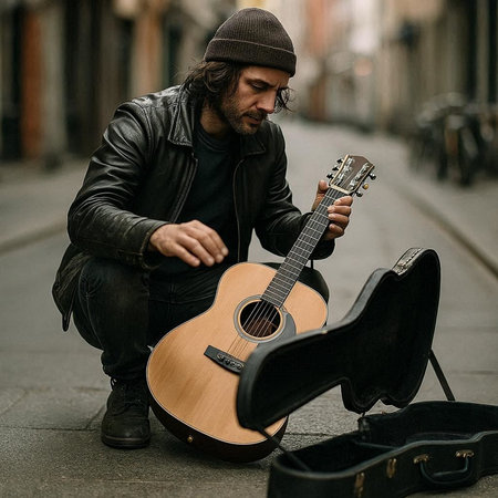 Street musician playing acoustic guitar in the city. Street music concept.