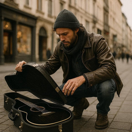 Homeless man sitting on the street with his guitar in his hand