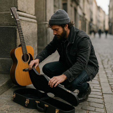 Handsome young man playing guitar in the street. Street musician.