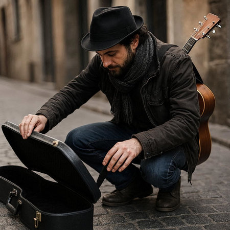 Handsome man in hat sitting on the street and playing guitar