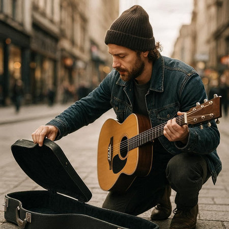 Handsome bearded man playing guitar on the street in the city.