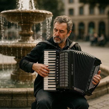 Mature man playing accordion on the street in the city.