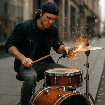 Drummer playing drums on the street. Man in black clothes and cap.の写真素材