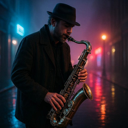 Portrait of a man playing saxophone in the street at night