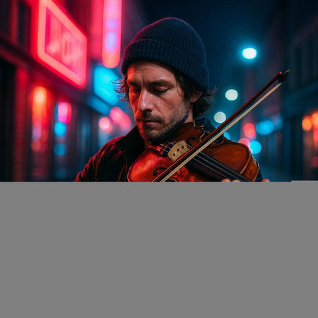 Musician playing the violin in the street at night. Dark background.の写真素材