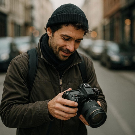 Portrait of a photographer with a camera in his hands on the street