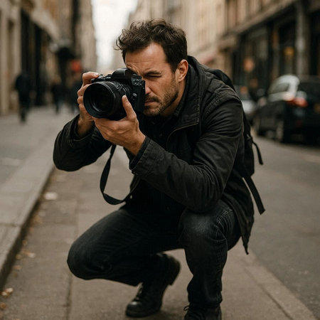 Photographer with camera on the street. Man with a camera in his hands.