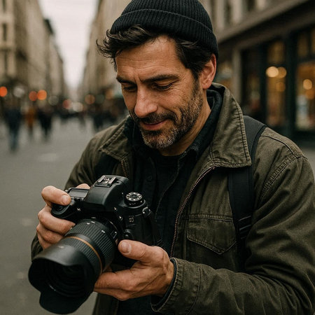Portrait of a man with a camera on the street in a European city