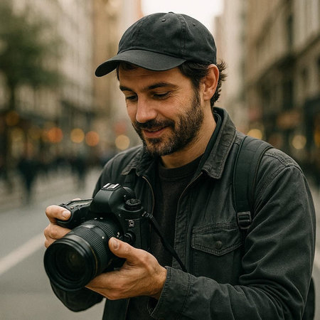 Portrait of a photographer with a camera on the street in the city