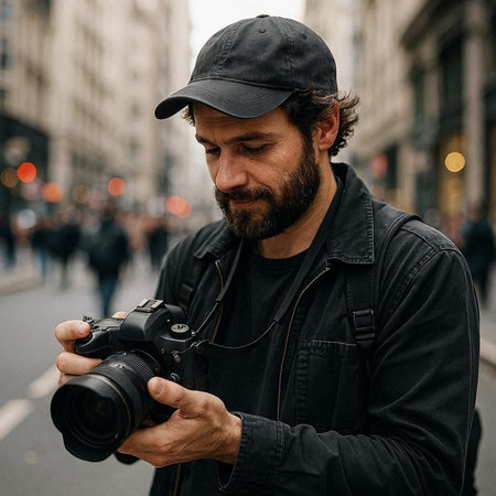 Handsome bearded man in a cap with a camera on a city street