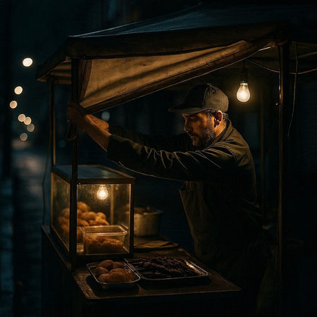 Man in a cap sells fried doughnuts on the street at night.