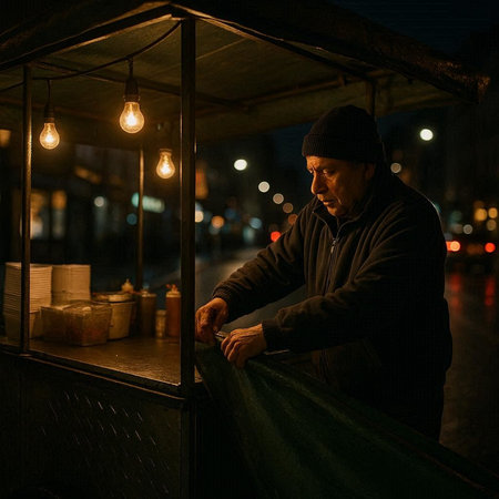 Handsome middle-aged man in a dark coat and hat in the city at night.