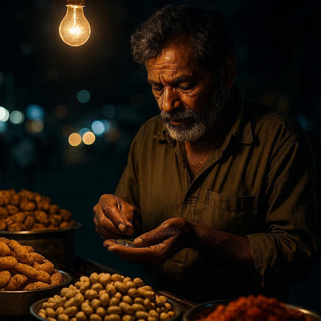 Indian man selling nuts at night market in Jaipur, India