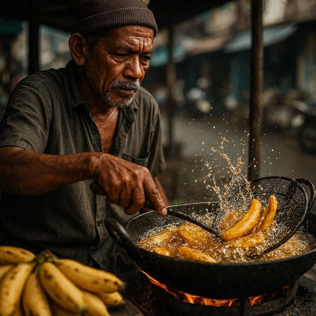 Closeup of a Nepali old man cooking banana at street food in Kathmandu in the morning
