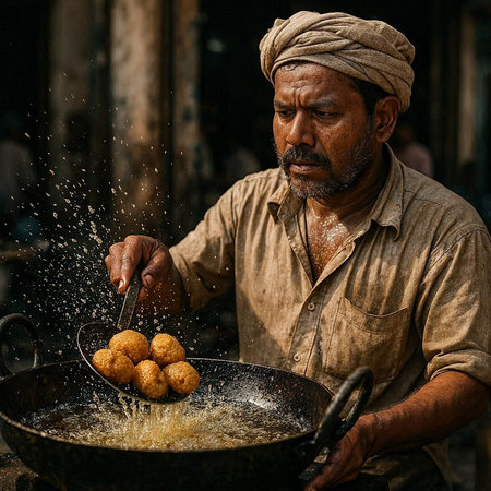 Indian street vendor is cooking croquettes.