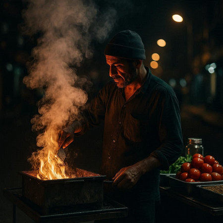 Portrait of an old man cooking in the street at night.