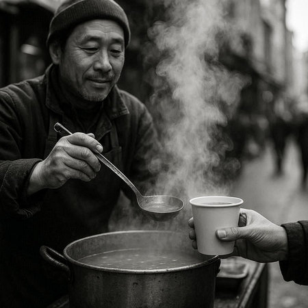 Old man is cooking soup in the street. Black and white.