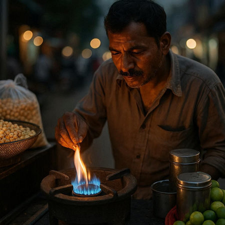A street vendor is lighting a candle in Hanoi, Vietnam.