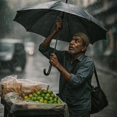 Old man selling fresh fruit in the street under the rain, Sri Lanka