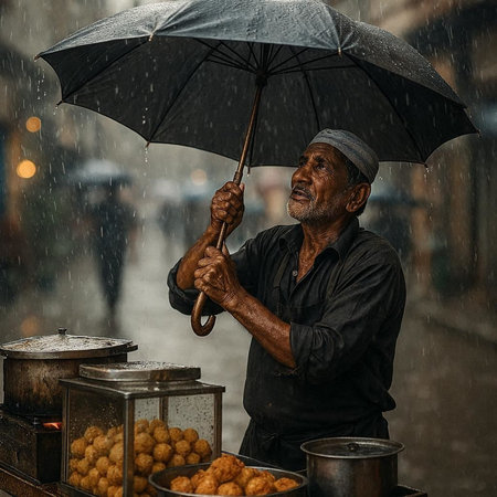 Old man selling traditional indian street food under the rain in Mumbai, India