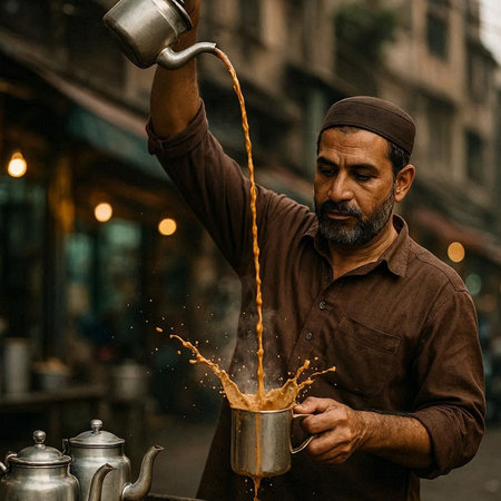 Handsome Indian man pouring coffee in the streets of Mumbai.