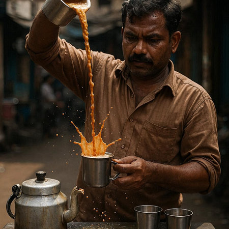 Indian man pouring coffee from a kettle to a metal mug in the street.の写真素材