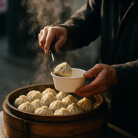 steamed dumplings in a bamboo steamer on a dark background