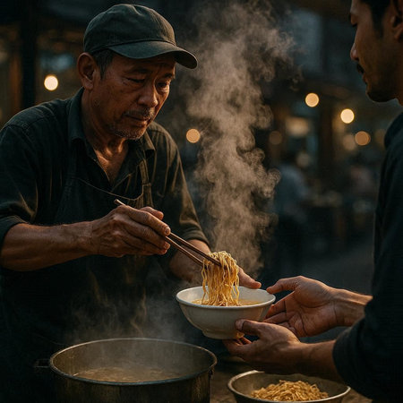 Asian man is cooking instant noodle in a street food market.