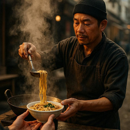Asian man cooking noodle in a street food market in Taipei, Taiwanの写真素材