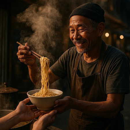 Smiling old man in apron holding bowl of instant noodle with chopsticks in his hands.