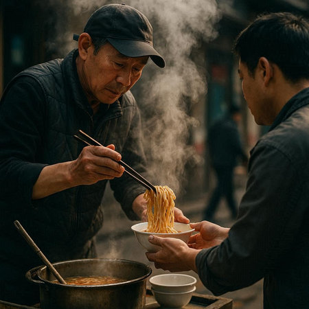 Asian man cooking instant noodle at street food market in Hong Kong.