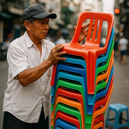 Unidentified Thai man sells colorful plastic chair in Bangkok, Thailand.