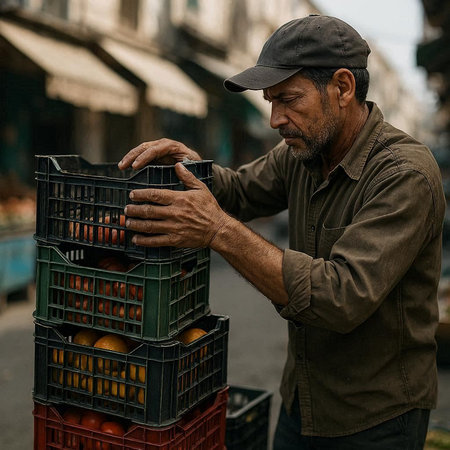 An elderly man with a gray beard in a cap and a green shirt collects oranges in a box on the street.