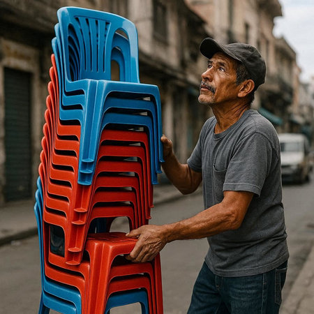 Portrait of an old man with a lot of plastic chairs in the street.