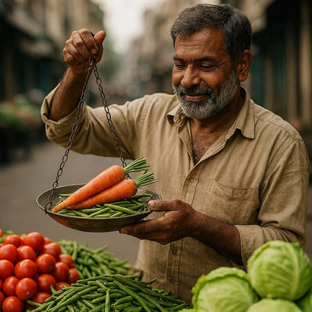 Indian man selling vegetables at the street market in Delhi, India.の写真素材