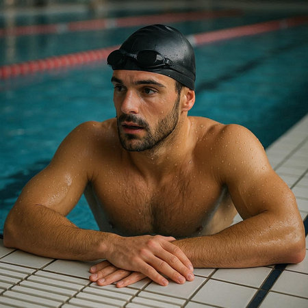 Portrait of a handsome young man in swimming pool wearing cap and goggles