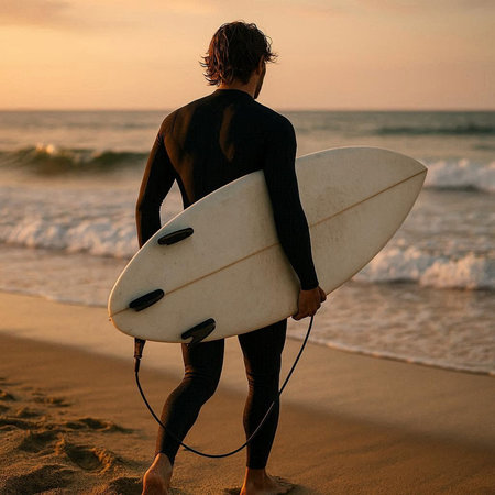 Surfer with surfboard on the beach at sunset. Back view.