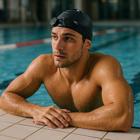 Portrait of male swimmer in cap and goggles at swimming pool
