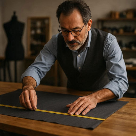 Handsome mature man in eyeglasses measuring fabric on table in workshop